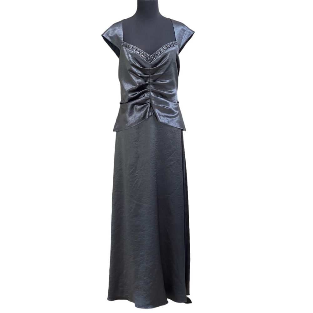 Patra Slate Gray Special Occasion Formal Dress Sz 16 Capped Sleeves Beaded Neck